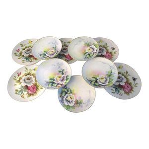 Mid-Century Japanese Hand-Painted Floral Dessert Plates, S/10